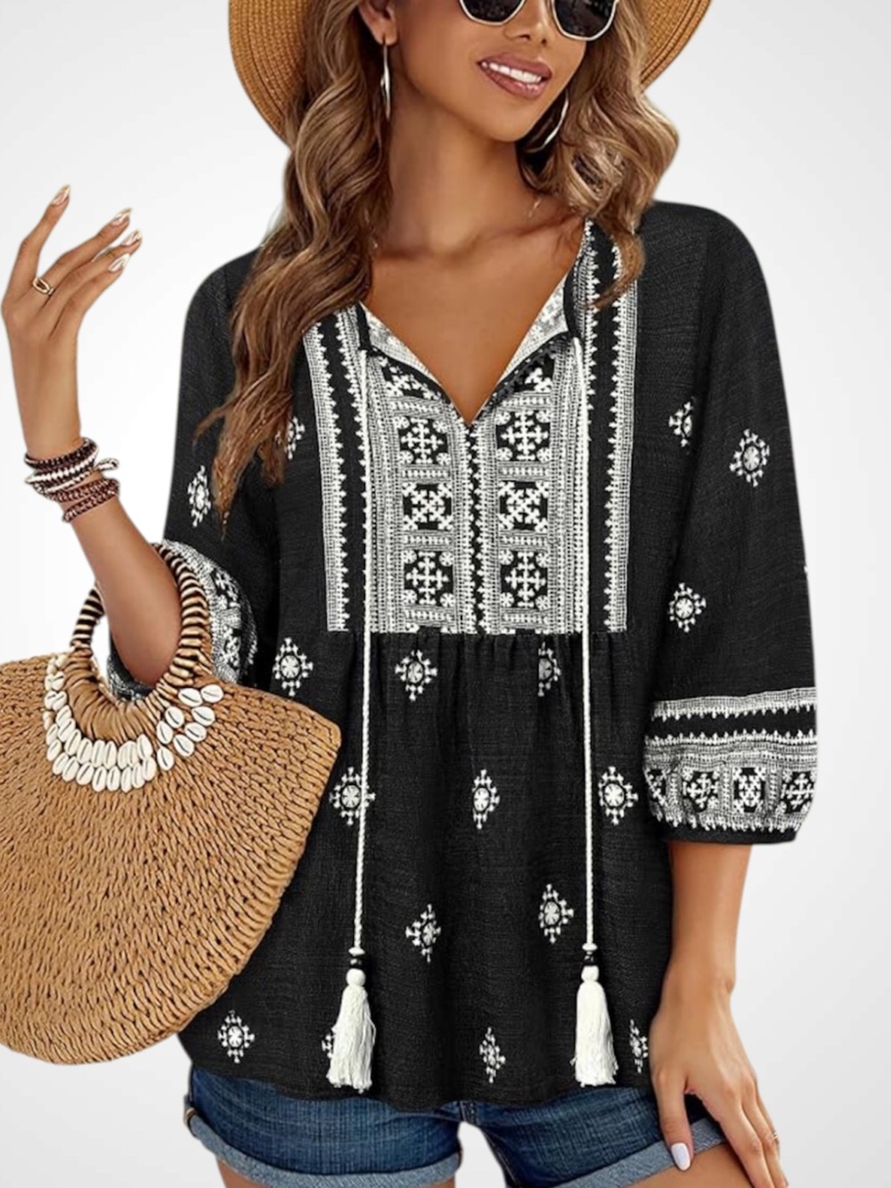 Vivilli Black Boho Tunic Top with Tassel Tie Large